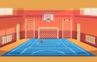 School gym. Gymnasium basketball court and campus soccer arena. Comfortable hall for kids active games and sport exercises. Empty equipped training room with gymnastic equipment. Vector illustration